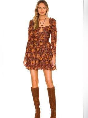 House of Harlow 1960 Ikat Tiered Mini Fall Cocktail Dress Brown Boho XS REVOLVE